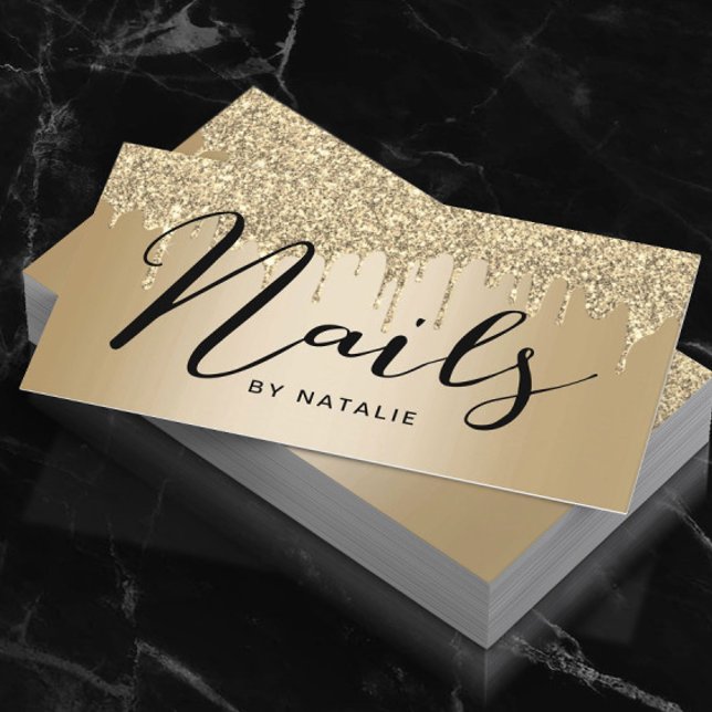 Nail Salon Gold Glitzer Tropfen Typografie Visitenkarte (Von Creator hochgeladen)