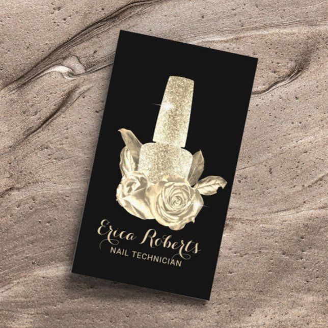 Nail Salon Gold Polish Bottle & Flowers Manicurist Visitenkarte (Von Creator hochgeladen)