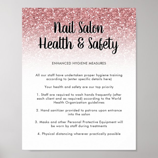 Nail Salon Health Safety Poster Rose Gold Glitter (Vorne)