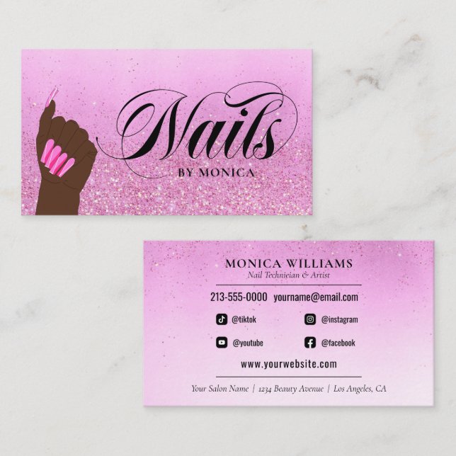 Nail Salon Hot Pink Glam Glitzer Manikurist Visitenkarte (Vorne/Hinten)
