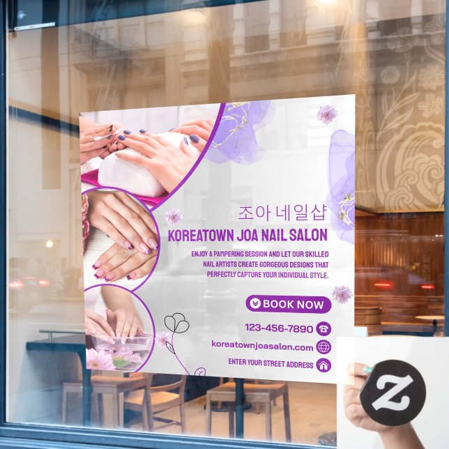 Nail Salon Lila und weiß modern anpassen Fensteraufkleber (Café-Fenster)