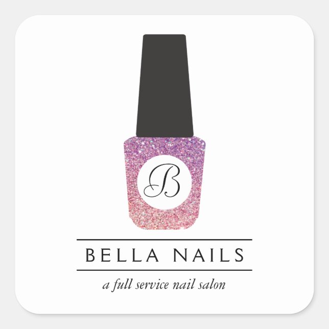 Nail Salon Monogram auf Lila Glitzer Nail Polnisch Quadratischer Aufkleber (Vorderseite)