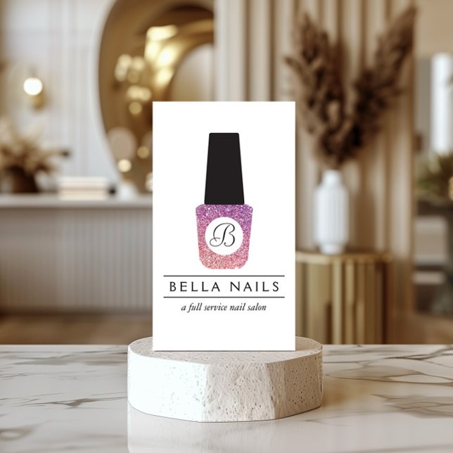 Nail Salon Monogram auf Lila Glitzer Nail Polnisch Visitenkarte (Von Creator hochgeladen)