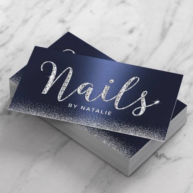 Nail Salon Navy Blue Luxury Diamond Typografie Visitenkarte (Von Creator hochgeladen)