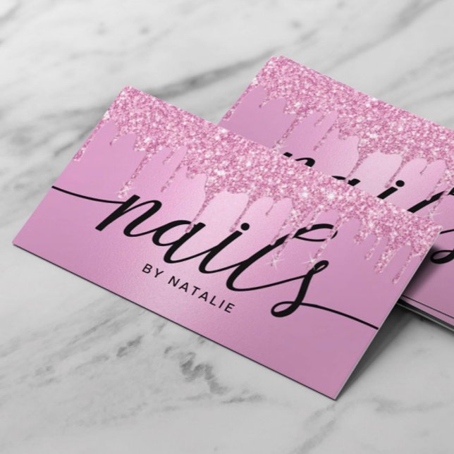 Nail Salon Pink Glitzer Tropfen Typografie Manicur Visitenkarte (Von Creator hochgeladen)