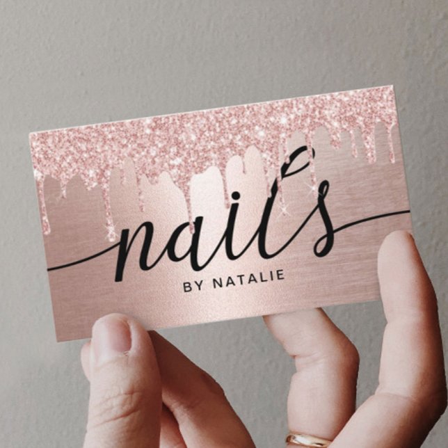 Nail Salon Rose Gold Glitzer Tropfen Typografie Visitenkarte (Von Creator hochgeladen)