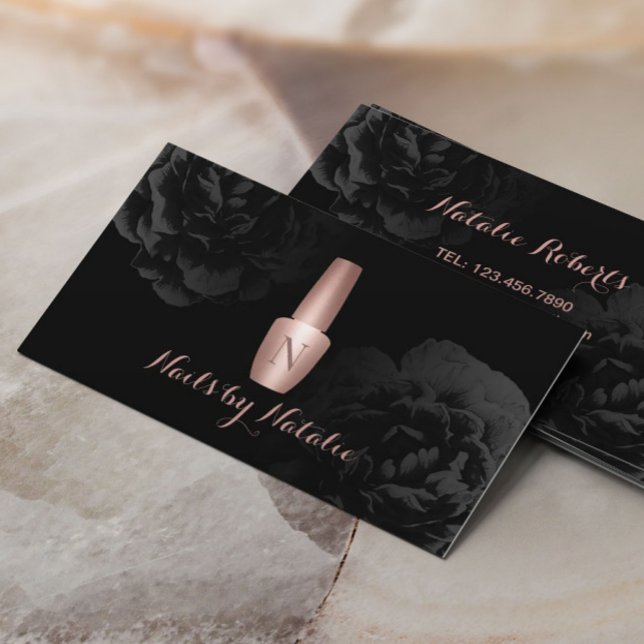 Nail Salon Rose Gold Polnische Flasche Schwarze Fl Visitenkarte (Von Creator hochgeladen)