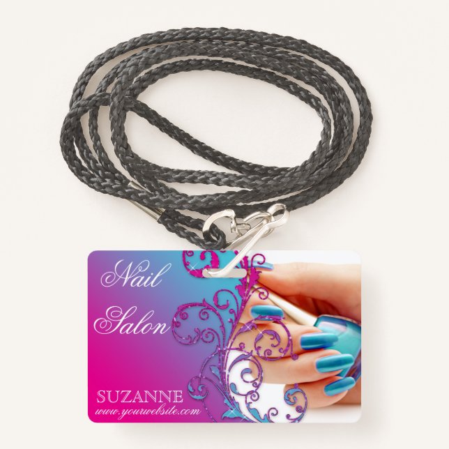 Nail Salon Techniker Floral Damask Pink Blue  Ausweis (Vorderseite mit Schlüsselband)