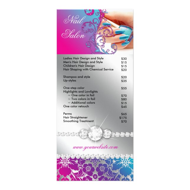 Nail Salon Techniker Floral Damask Pink Blue Werbekarte (Vorne)