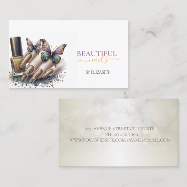 Nail Salon Woman Hand Nails Butterfly Visitenkarte (Vorne/Hinten)