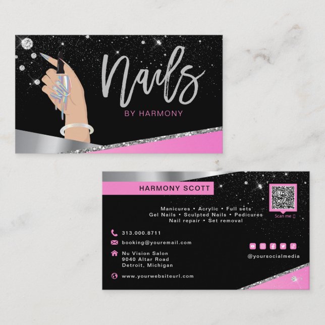 Nail Tech Artist Glam Pink Silver Diamond Salon Bu Visitenkarte (Vorne/Hinten)