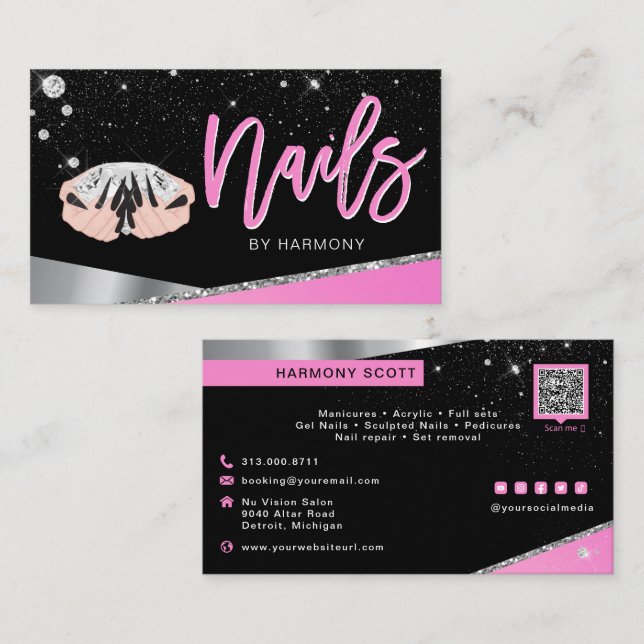 Nail Tech Artist Glam Pink Silver Diamond Salon Bu Visitenkarte (Vorne/Hinten)