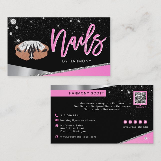 Nail Tech Artist Glam Pink Silver Diamond Salon Bu Visitenkarte (Vorne/Hinten)