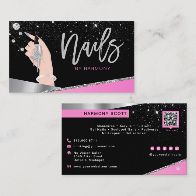 Nail Tech Artist Glam Pink Silver Diamond Salon Visitenkarte (Vorne/Hinten)