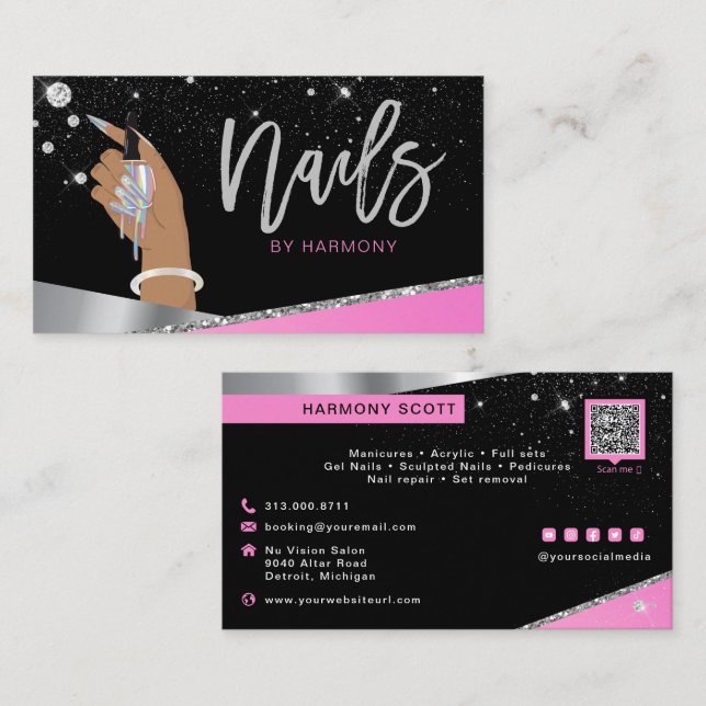 Nail Tech Artist Glam Pink Silver Diamond Salon Visitenkarte (Vorne/Hinten)