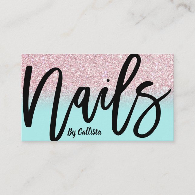 Nail Tech Girly Mint Pink Glitzer Ombre Typografie Visitenkarte (Vorderseite)