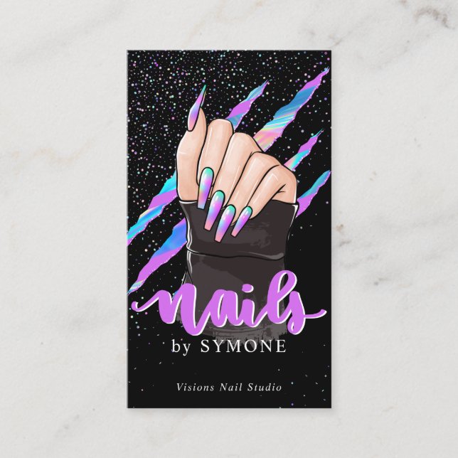 Nail Tech Holographic Claw Slash Nail Shop Logo Visitenkarte (Vorderseite)