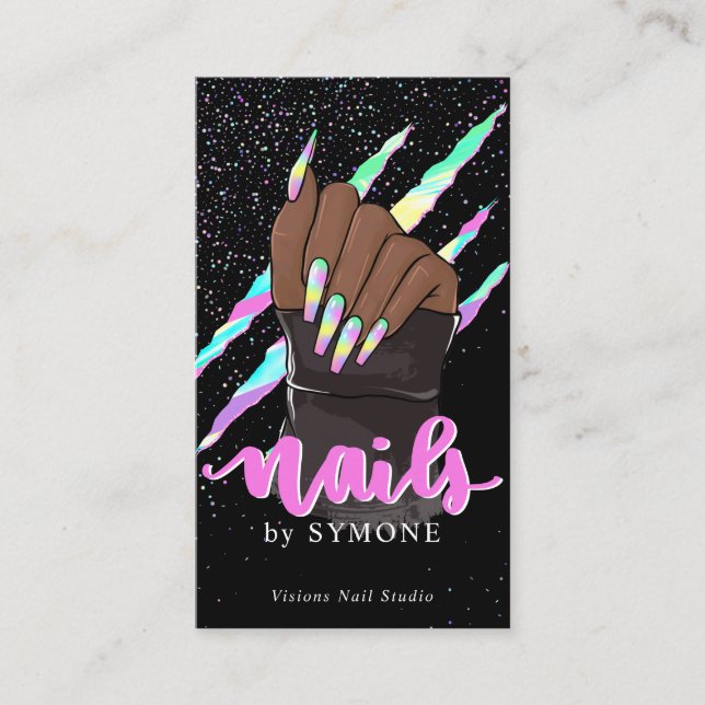 Nail Tech Holographic Claw Slash Nail Shop Logo Visitenkarte (Vorderseite)