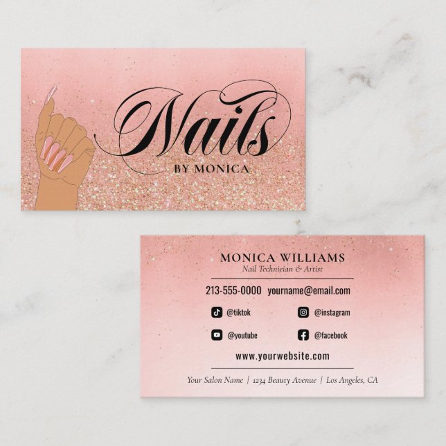 Nail Tech Manicure Artist Peach Gold Glam Glitzer Visitenkarte (Vorne/Hinten)