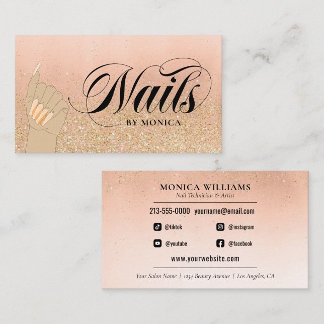 Nail Tech Manicurist Golden Glam Salon Business Visitenkarte (Vorne/Hinten)