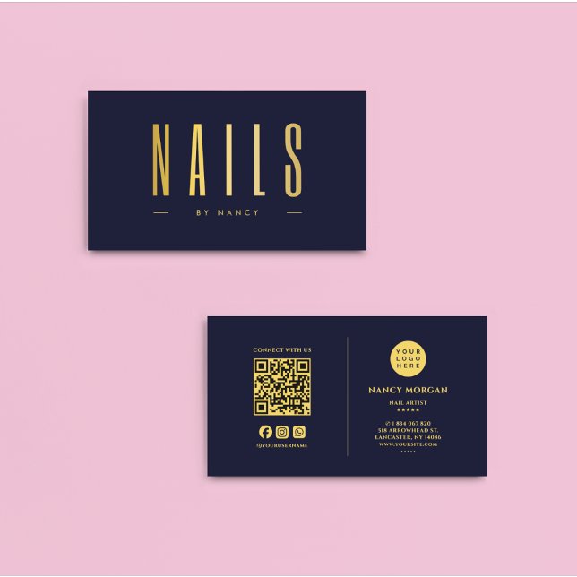 Nail Tech Manicurist QR Code Logo Navy & Gold Visitenkarte (Von Creator hochgeladen)