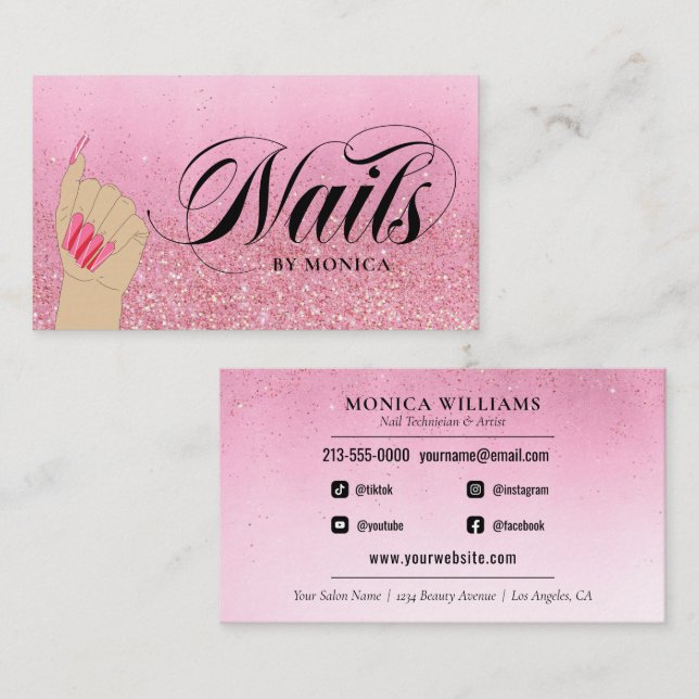 Nail Tech Manicurist Rose Red Glam Glitzer Salon B Visitenkarte (Vorne/Hinten)