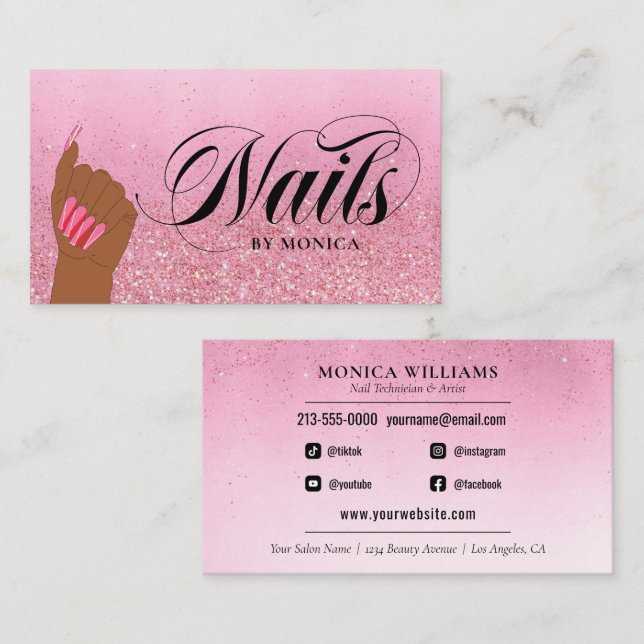 Nail Tech Manicurist Rose Red Glam Glitzer Salon Visitenkarte (Vorne/Hinten)