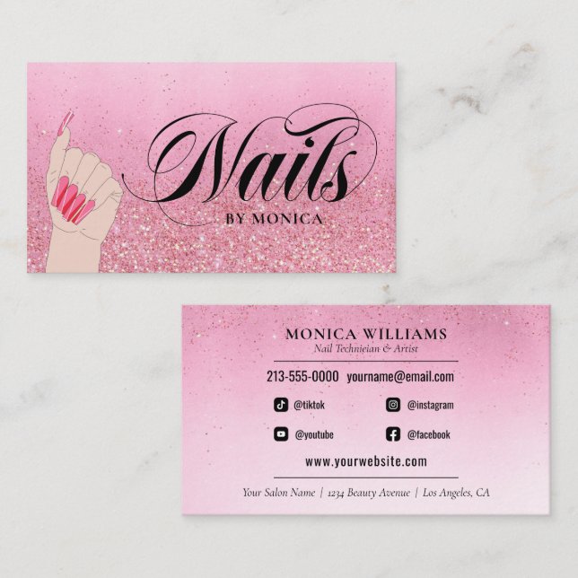 Nail Tech Manicurist Rose Red Glam Glitzer Salon Visitenkarte (Vorne/Hinten)