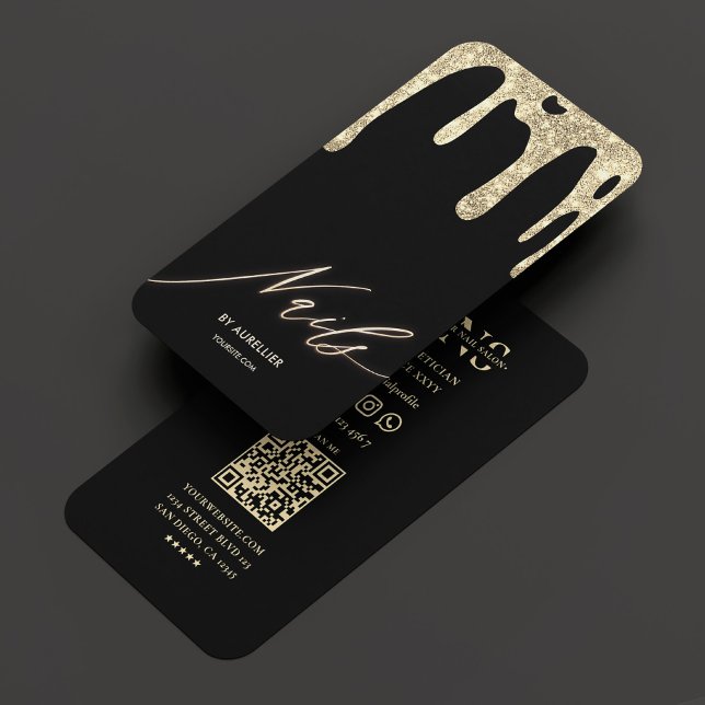 Nail Tech Nail Artist Black Gold Tropfen Moderner Visitenkarte (Nail Tech Nail Artist Black Gold Drip Modern Business Card
)