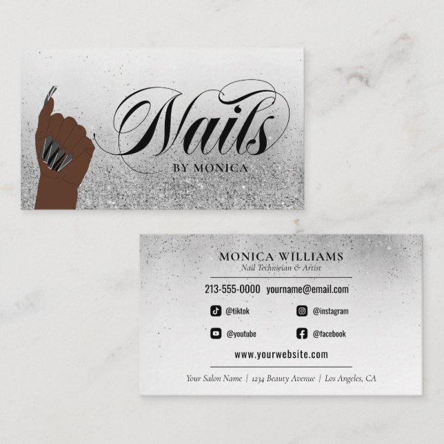Nail Tech Nail Artist Silver Glam Glitzer Salon Visitenkarte (Vorne/Hinten)