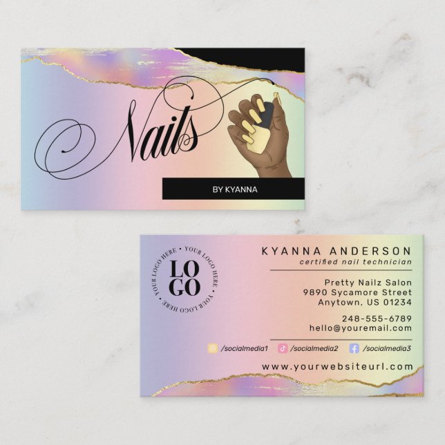 Nail Tech/Salon - Holografischer Pastelenbogen, Lo Visitenkarte (Vorne/Hinten)