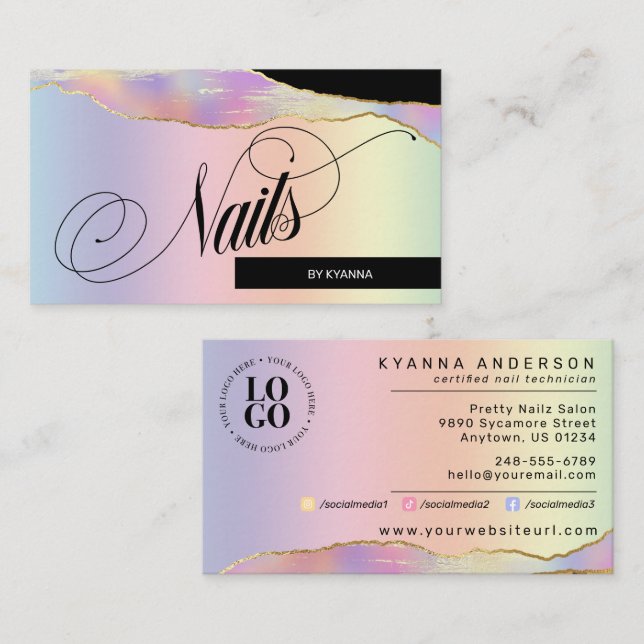 Nail Tech/Salon - Holografischer Pastelenbogen, Lo Visitenkarte (Vorne/Hinten)