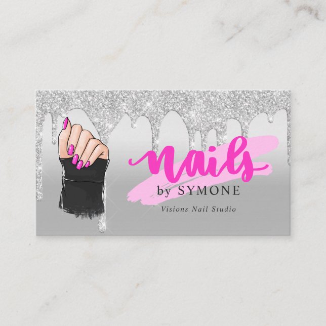 Nail Tech Salon Pink & Silver Drilling Glitzer Visitenkarte (Vorderseite)