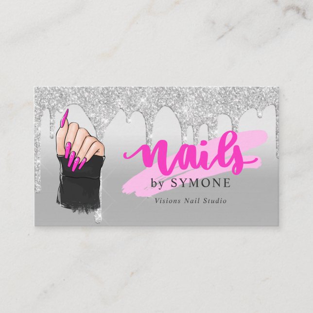 Nail Tech Salon Pink & Silver Driving Glitzer Bus Visitenkarte (Vorderseite)