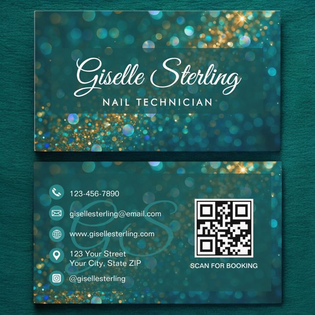 Nail Technician Aquamarin Gold Glitzer QR Code Lux Visitenkarte (Von Creator hochgeladen)