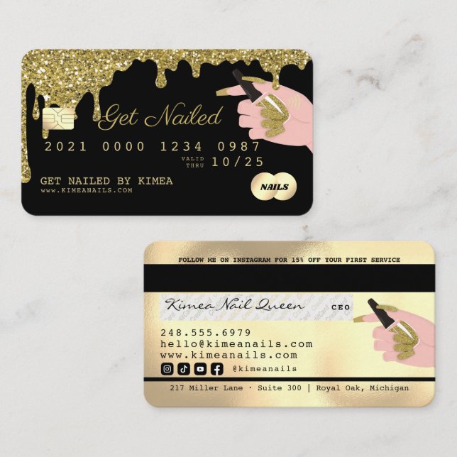 Nail Technician Driving Gold Glitzer Credit Style Visitenkarte (Vorne/Hinten)