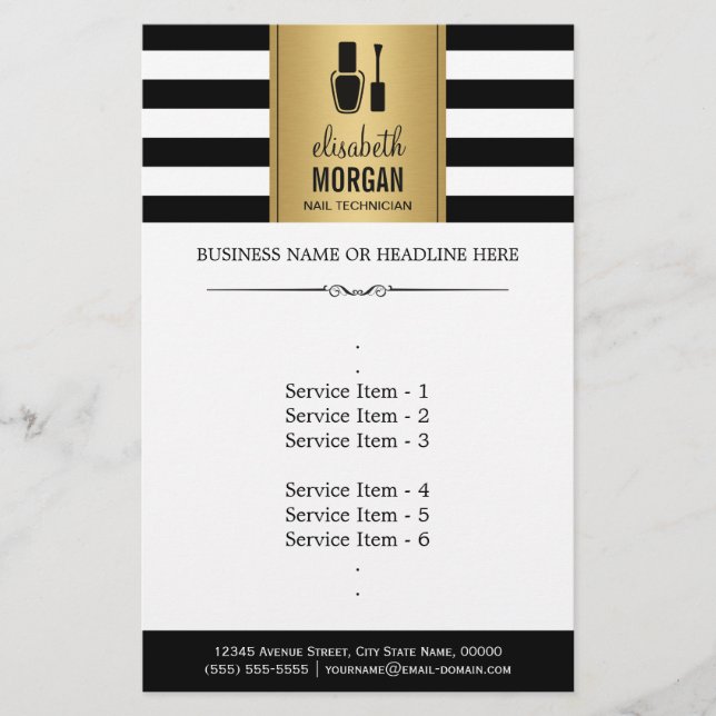NAIL TECHNICIAN Elegantes Gold Schwarz-weiße Strei Flyer (Vorne)