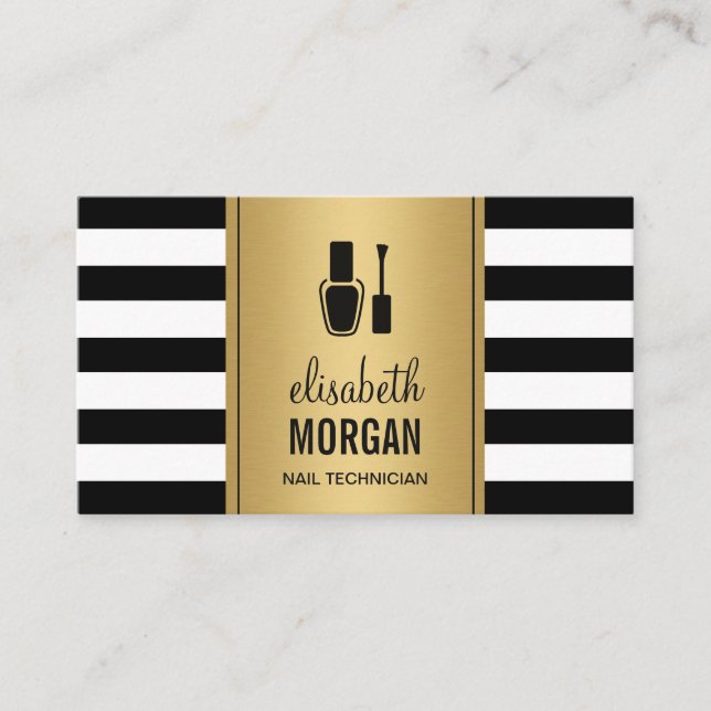 NAIL TECHNICIAN Elegantes Gold Schwarz-weiße Strei Visitenkarte (Vorderseite)