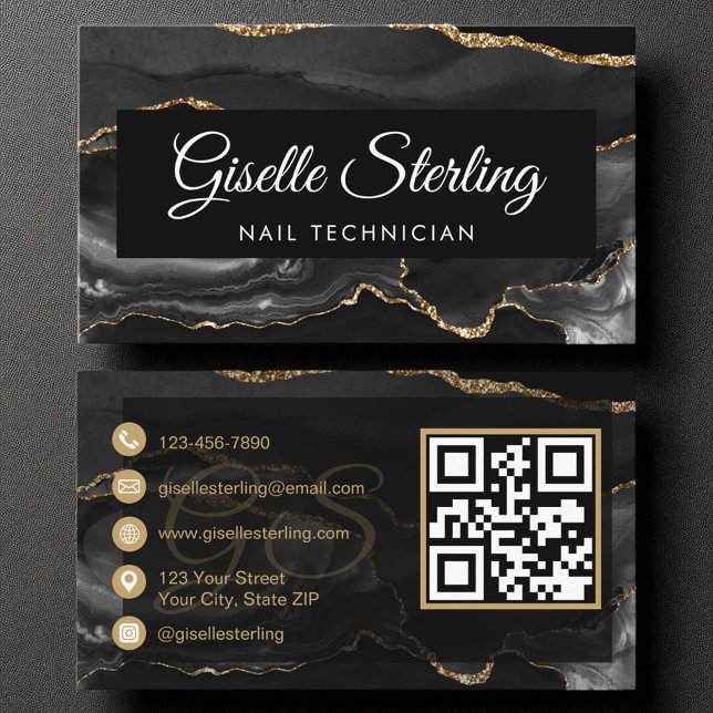Nail Technician QR Code Black Gold Agate Luxus Visitenkarte (Von Creator hochgeladen)