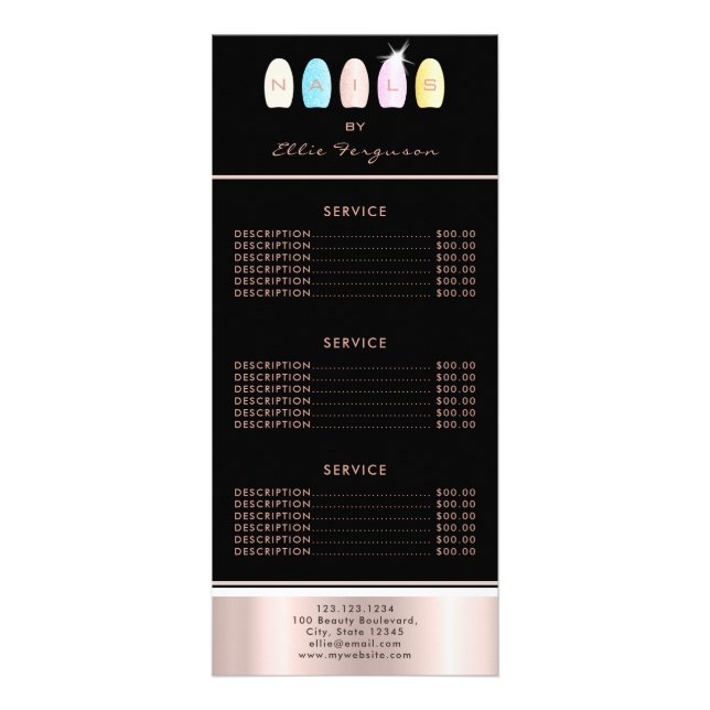 Nail Technician Salon Glitzer Glam Rose Gold Black Werbekarte (Vorne)