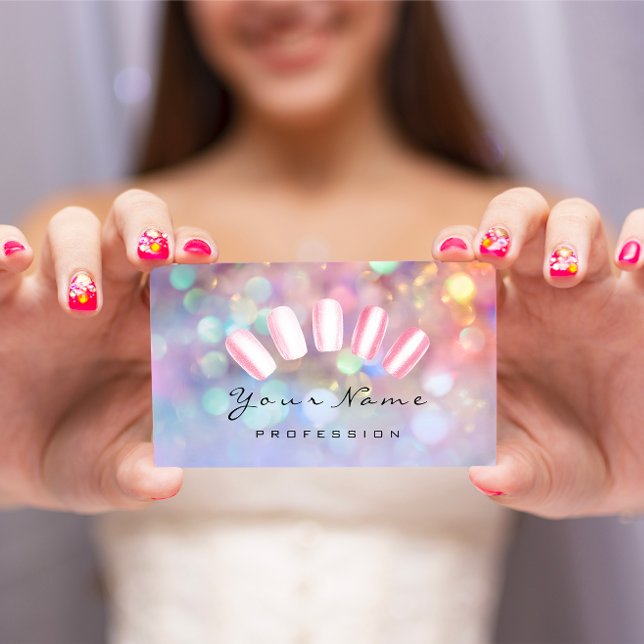 Nails Artist Pink Wow Manicure Pedicure Holograph Visitenkarte (Nails Artist Pink Wow Manicure Pedicure Holograph Business Card)