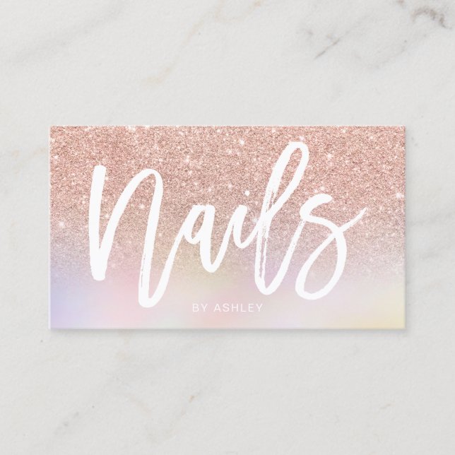 Nails Drehbuch Rose Gold Glitzer Chic holografisch Visitenkarte (Vorderseite)