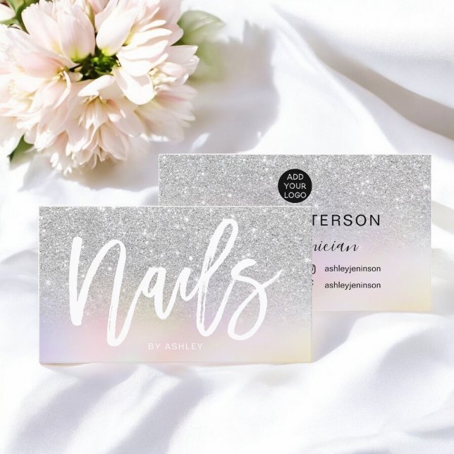Nails Drehbuch Silber Glitzer Chic holografisch Visitenkarte (Nails script silver glitter chic holographic business card)