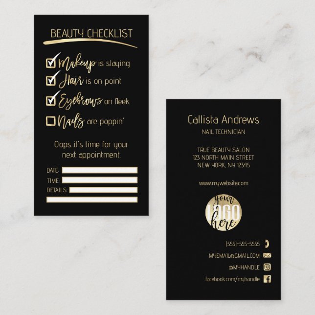 Nails Gold Black Beauty Checklist Business-Logo Terminkarte (Vorne/Hinten)
