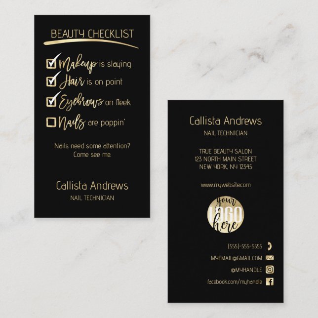 Nails Gold Black Beauty Checklist Business-Logo Visitenkarte (Vorne/Hinten)