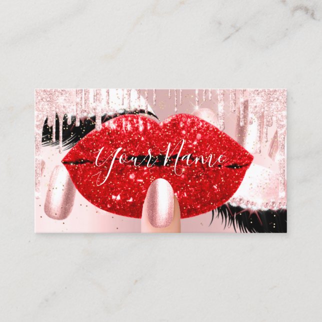 Nails Makeup Artist Rose Roter Kiss Lips Pink Lash Visitenkarte (Vorderseite)