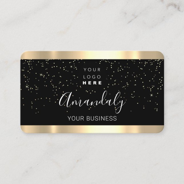 Nails Makeup Stylist Gold Confetti Black Logo Visitenkarte (Vorderseite)