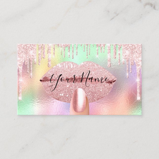 Nails Manicure Makeup Holographic Kiss Lips Pink Visitenkarte (Vorderseite)