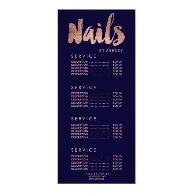 Nails moderne Goldtypografie Marine blaue Preislis Werbekarte (Vorne)