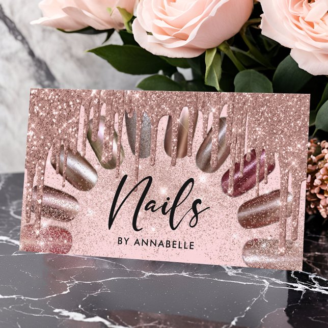 Nails Moderne Rose Gold Glitzer Tropfen Visitenkarte (Von Creator hochgeladen)